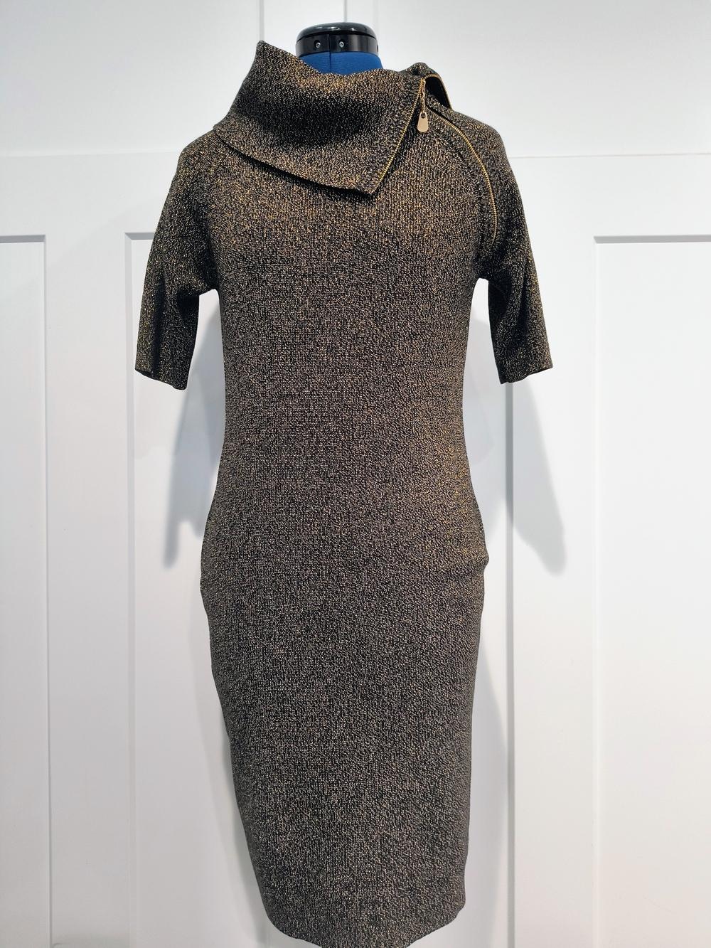 Calvin Klein Metallic Gold Knit Midi Dress with Asymmetrical Zip Collar